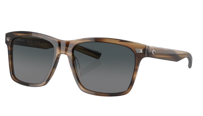 Costa Sunglasses with tortoise brown frame and gray lenses on a white background