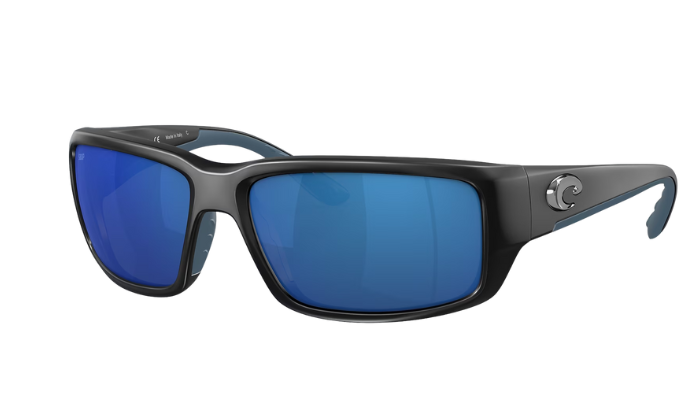 COSTA Sunglasses with blue lenses and black frame on a white background FANTAIL