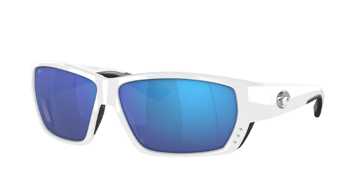 Costa wraparound Sunglasses with white frame and blue lenses on a white background