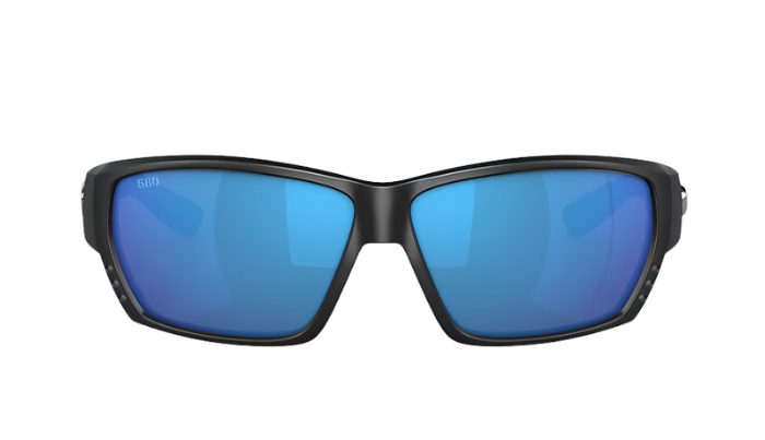 Black Costa wraparound sunglasses with blue lenses on a white background