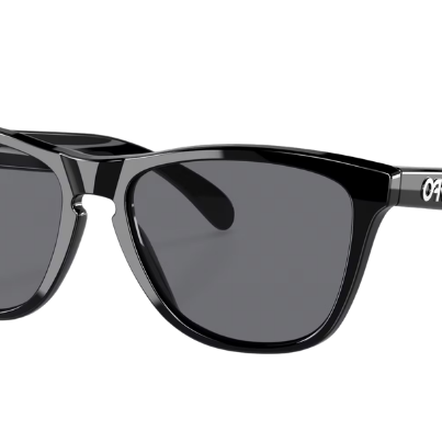 Oakley sunglasses with a glossy black acetate frame and dark gray lenses, shown from a three-quarters angle on a white background.