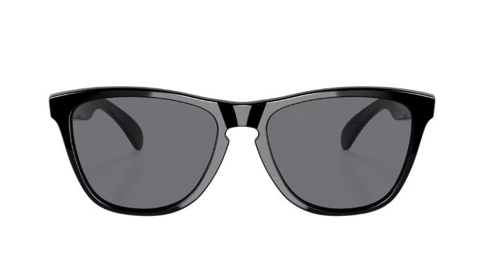 Black sunglasses with a thick, slightly glossy frame and dark gray lenses, shown from a front-facing perspective on a solid white background.