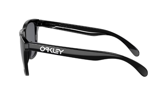 Oakley sunglasses in a glossy black acetate frame with dark lenses, shown from a side profile view against a plain white background.