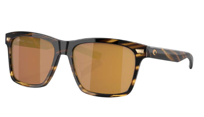 Costa Sunglasses with tortoise brown frame and gold mirror lenses on a white background