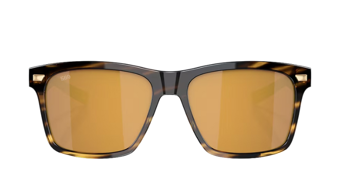 Costa Sunglasses with tortoise brown frame and gold mirror lenses on a white background