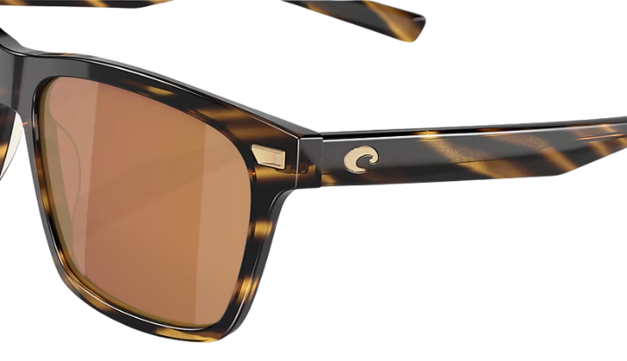 Costa Sunglasses with tortoise brown frame and gold mirror lenses on a white background