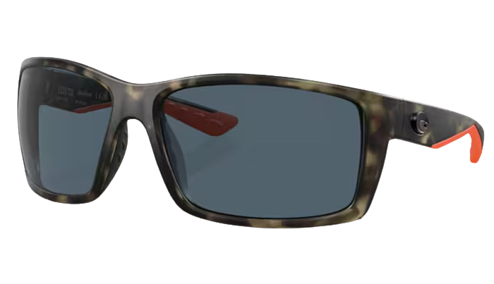 Camoflage Costa sunglasses with gray lenses on a white background