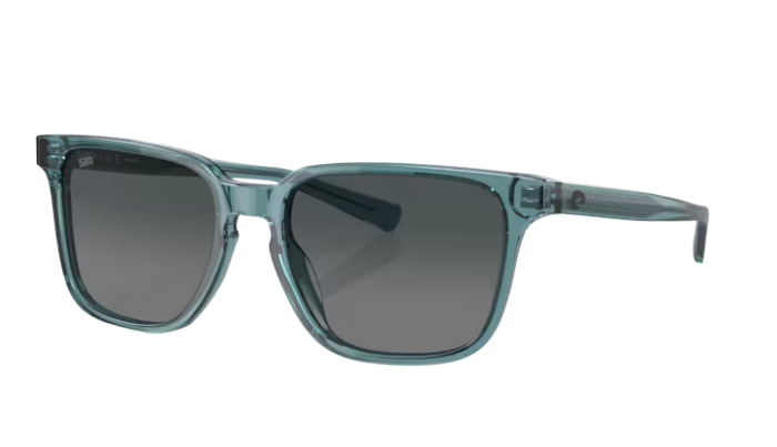 Teal crystal Costa sunglasses with a gray gradient polarized lens on a white background