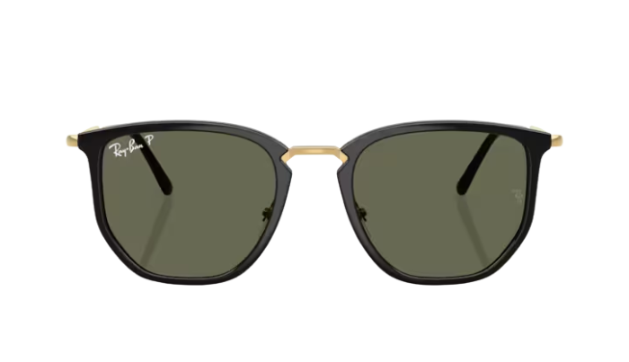 RayBan Polarized Sunglasses with black frame and green lenses on a white background