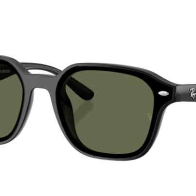 Black Ray-Ban polarized sunglasses with green lenses on a white background