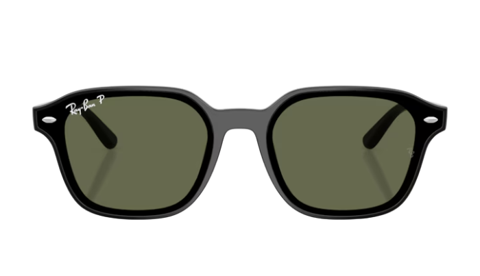 Black Ray-Ban polarized sunglasses with green lenses on a white background
