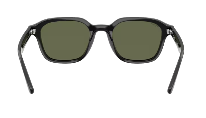 Black Ray-Ban polarized sunglasses with green lenses on a white background