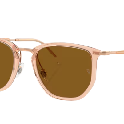 RayBan Sunglasses with rose gold frame and brown lenses on a white background