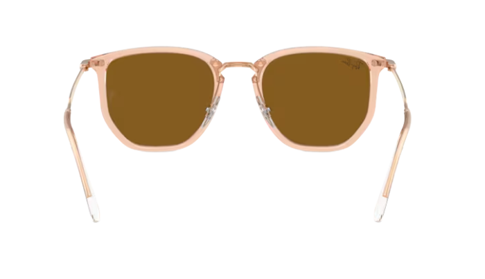 RayBan Sunglasses with rose gold frame and brown lenses on a white background