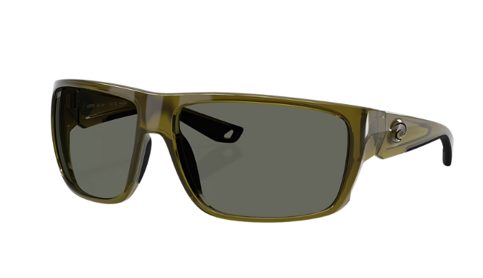 Costa Sunglasses with a green frame and polarized gray lenses on a white background