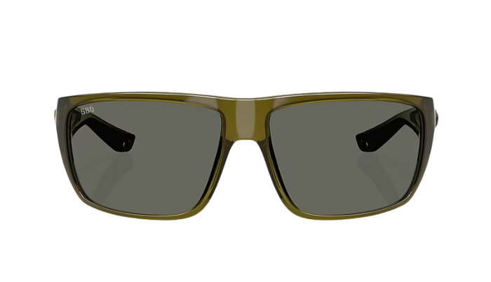 Costa Sunglasses with a green frame and polarized gray lenses on a white background