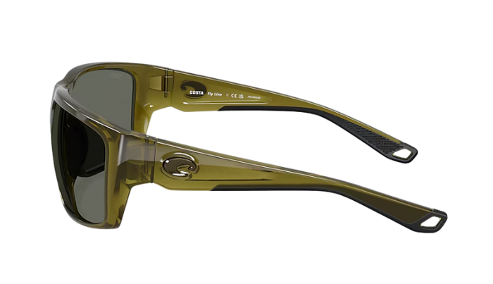 Costa Sunglasses with a green frame and polarized gray lenses on a white background