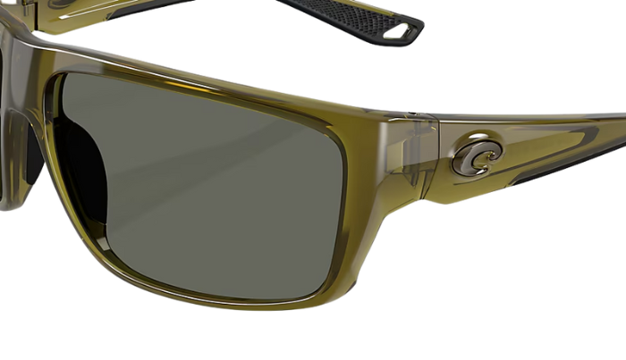 Costa Sunglasses with a green frame and polarized gray lenses on a white background
