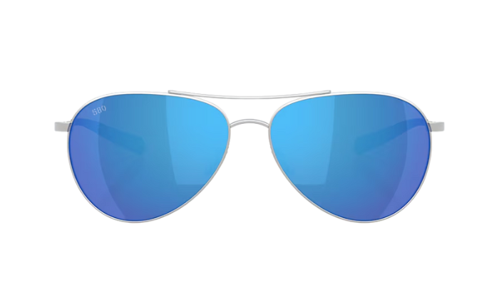 Costa Aviator sunglasses with blue mirror lenses and silver frame on a white background
