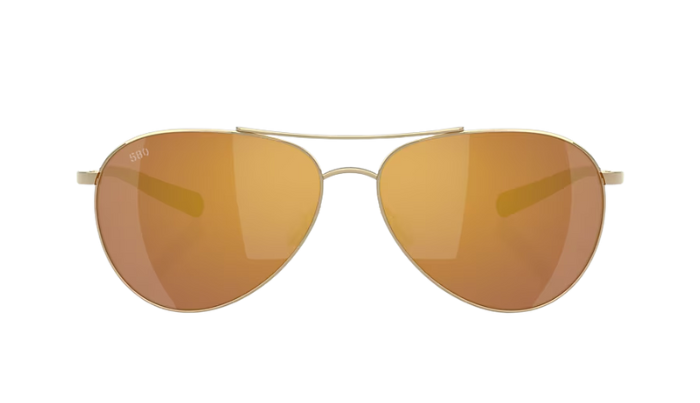 Costa Aviator sunglasses with gold frame and gold mirror lenses on a white background