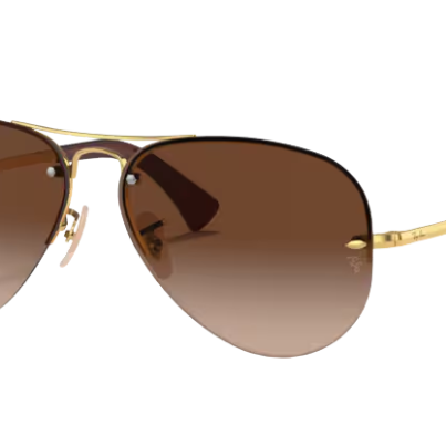 RayBan Aviator sunglasses with gold frame and brown gradient lenses on a white background