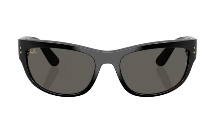 Black RayBan wrap sunglasses with a white background