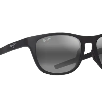 Black Maui Jim sunglasses with gray reflective lenses on a white background