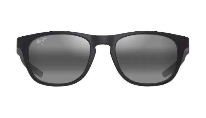 Black Maui Jim sunglasses with gray reflective lenses on a white background