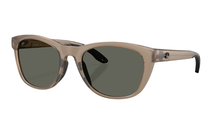 Costa Sunglasses with a smoke grey frame and polarized gray lenses on a white background