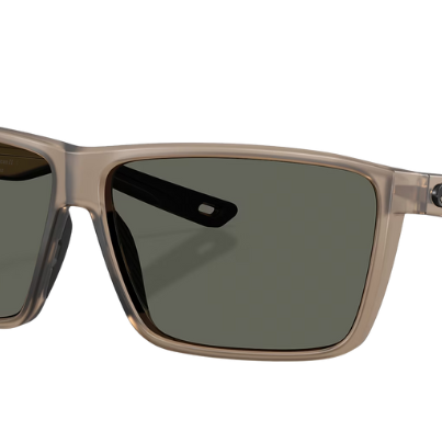 Costa Sunglasses with a transparent matte brown frame and gray lenses on a white background
