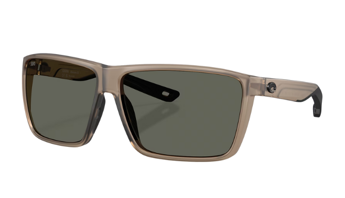 Costa Sunglasses with a transparent matte brown frame and gray lenses on a white background