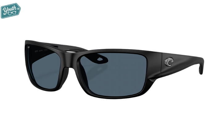 Black Costa Youth wraparound Sunglasses with gray lenses.