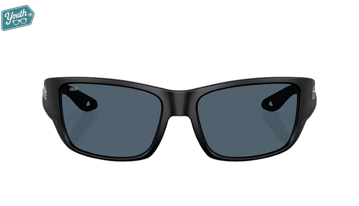 Black Costa Youth wraparound Sunglasses with gray lenses.