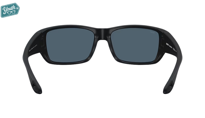Black Costa Youth wraparound Sunglasses with gray lenses.