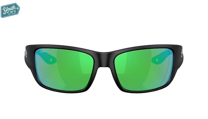 Black Costa Youth wraparound Sunglasses with green mirror lenses.