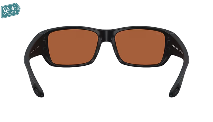 Black Costa Youth wraparound Sunglasses with green mirror lenses.