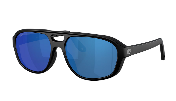 Black Costa Sunglasses with blue mirror lenses. Street Heat