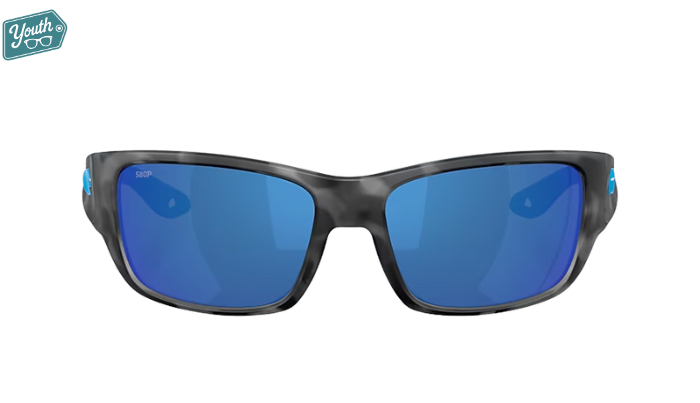 Tiger shark pattern Costa Youth wraparound Sunglasses with blue mirror lenses.