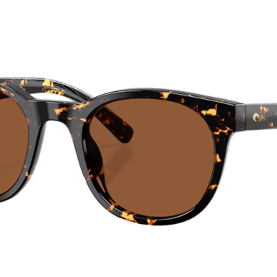 Tortoise Costa sunglasses with polarized copper lenses on a white background