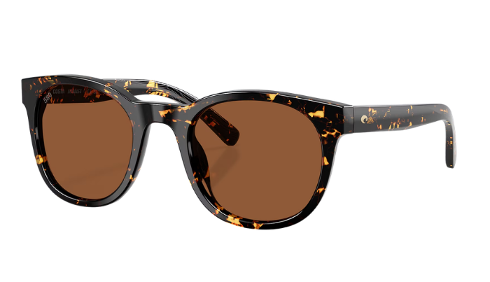 Tortoise Costa sunglasses with polarized copper lenses on a white background