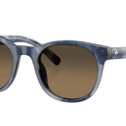 Costa Sunglasses with blue frame and brown polarized lenses on a white background