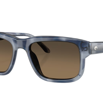 Sunglasses with a blue frame and brown lenses on a white background
