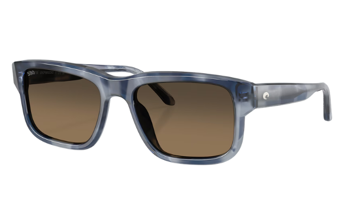 Sunglasses with a blue frame and brown lenses on a white background