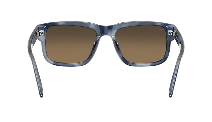 Sunglasses with blue frame and brown lenses on a white background