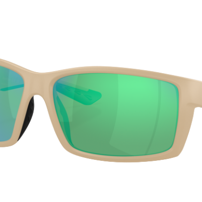 Beige Costa sunglasses with green polarized reflective lenses on a white background