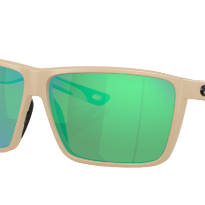 Costa sand sunglasses with green polarized reflective lenses on a white background
