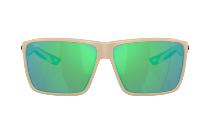 Costa sand sunglasses with green polarized reflective lenses on a white background