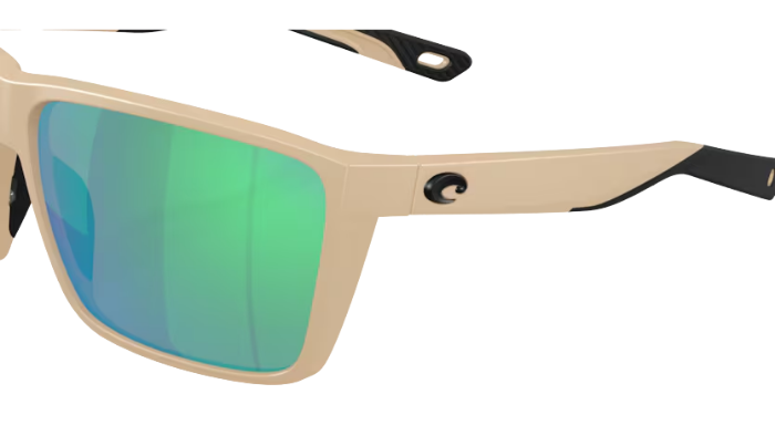 Costa sand sunglasses with green polarized reflective lenses on a white background