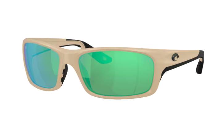 Matte sand Costa sunglasses with green polarized reflective lenses on a white background