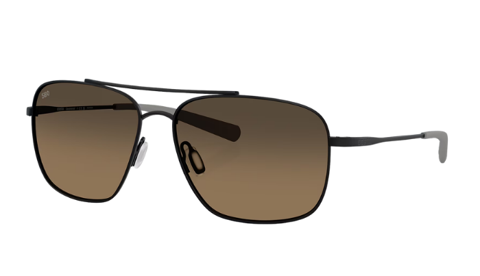 Costa Sunglasses with polarized brown gradient lenses and a black frame on a white background